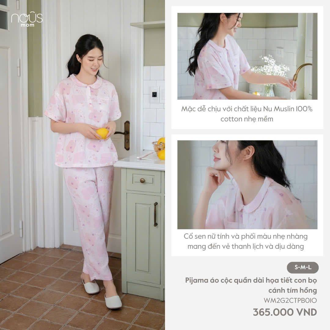  Pijama áo cộc quần dài họa tiết con bọ cánh tím hồng 