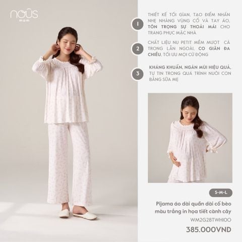  Pijama áo dài quần dài cổ bèo màu trắng in họa tiết cành cây 