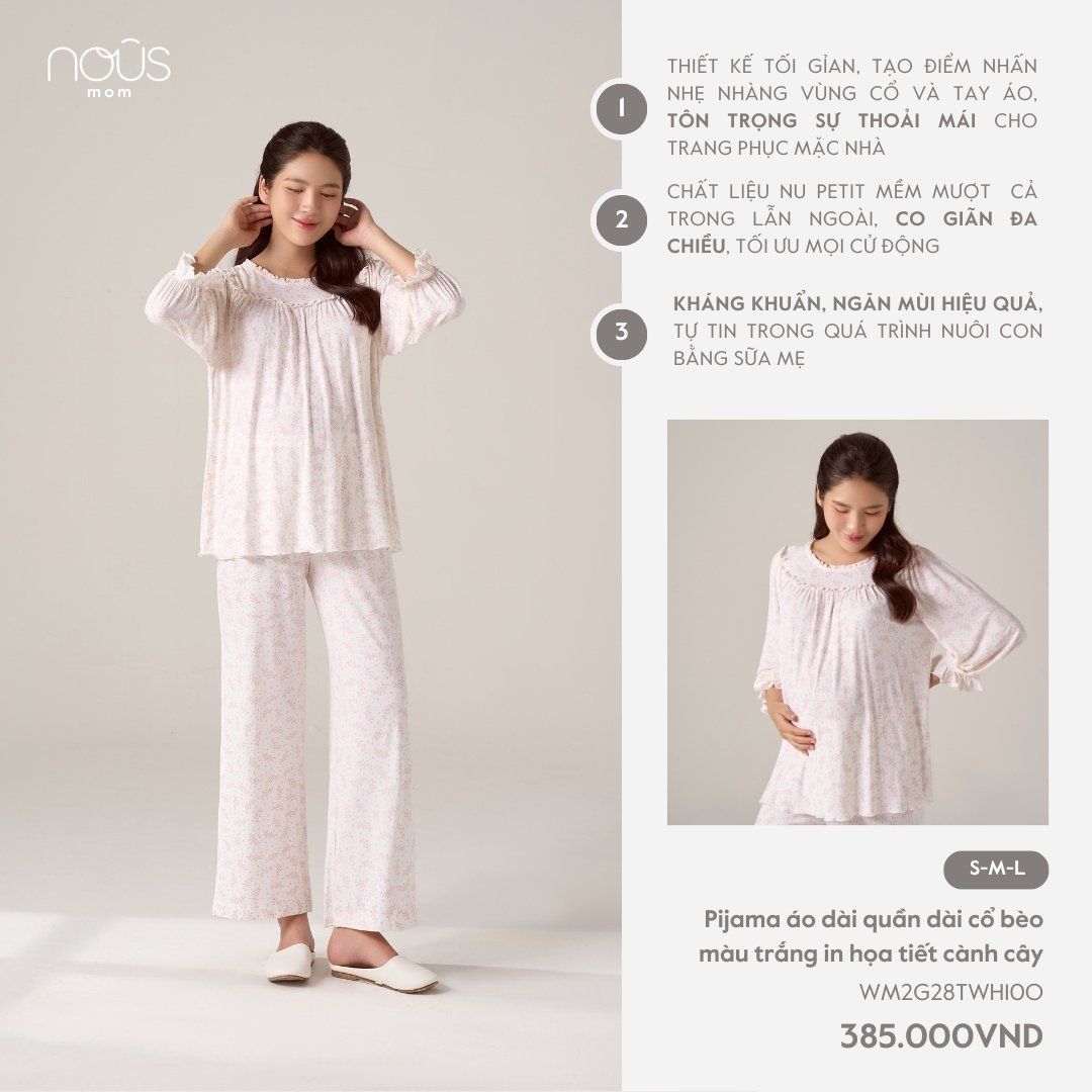  Pijama áo dài quần dài cổ bèo màu trắng in họa tiết cành cây 