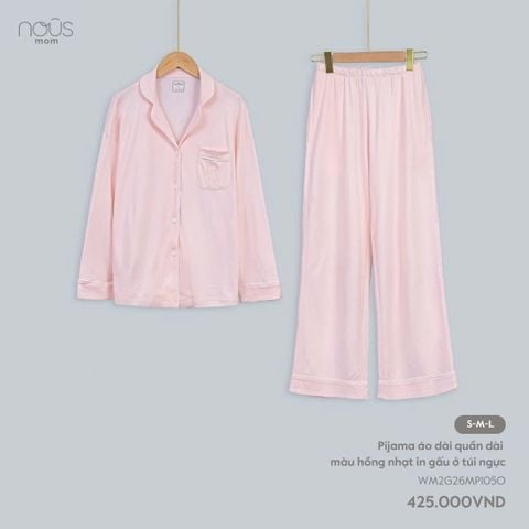  Pyjama áo dài quần dài màu hồng nhạt in gấu ở túi ngực 