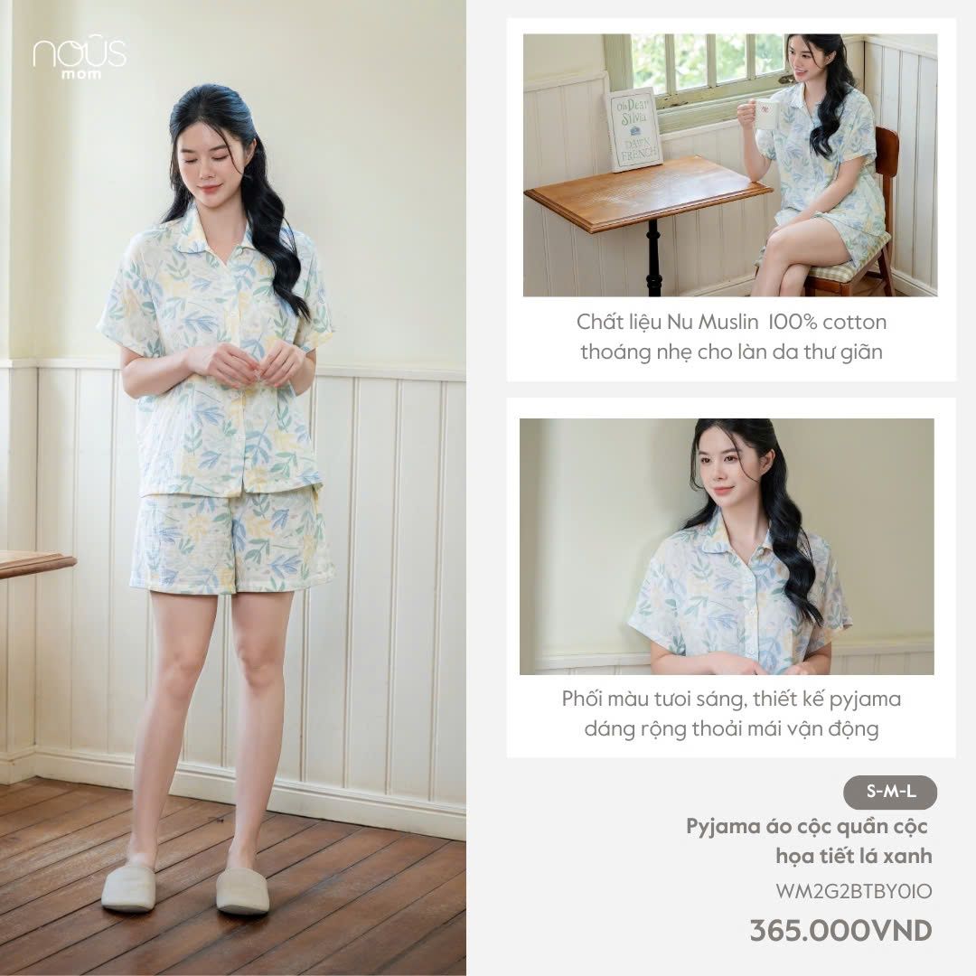  Pyjama áo cộc quần cộc họa tiết lá xanh 