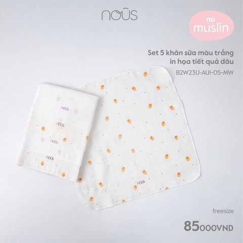  Set 5 khăn sữa màu trắng in họa tiết quả dâu 