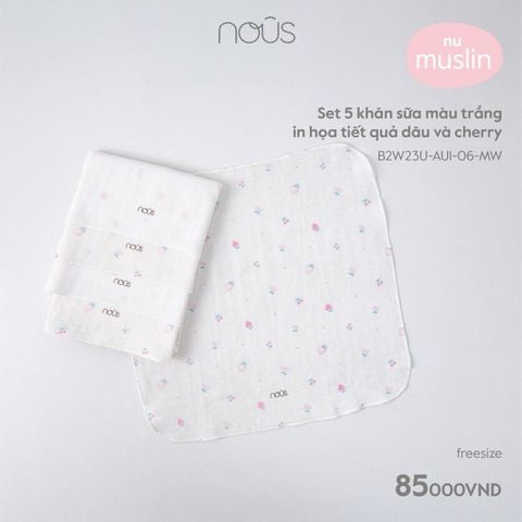  Set 5 khăn sữa màu trắng in họa tiết quả dâu và cherry 