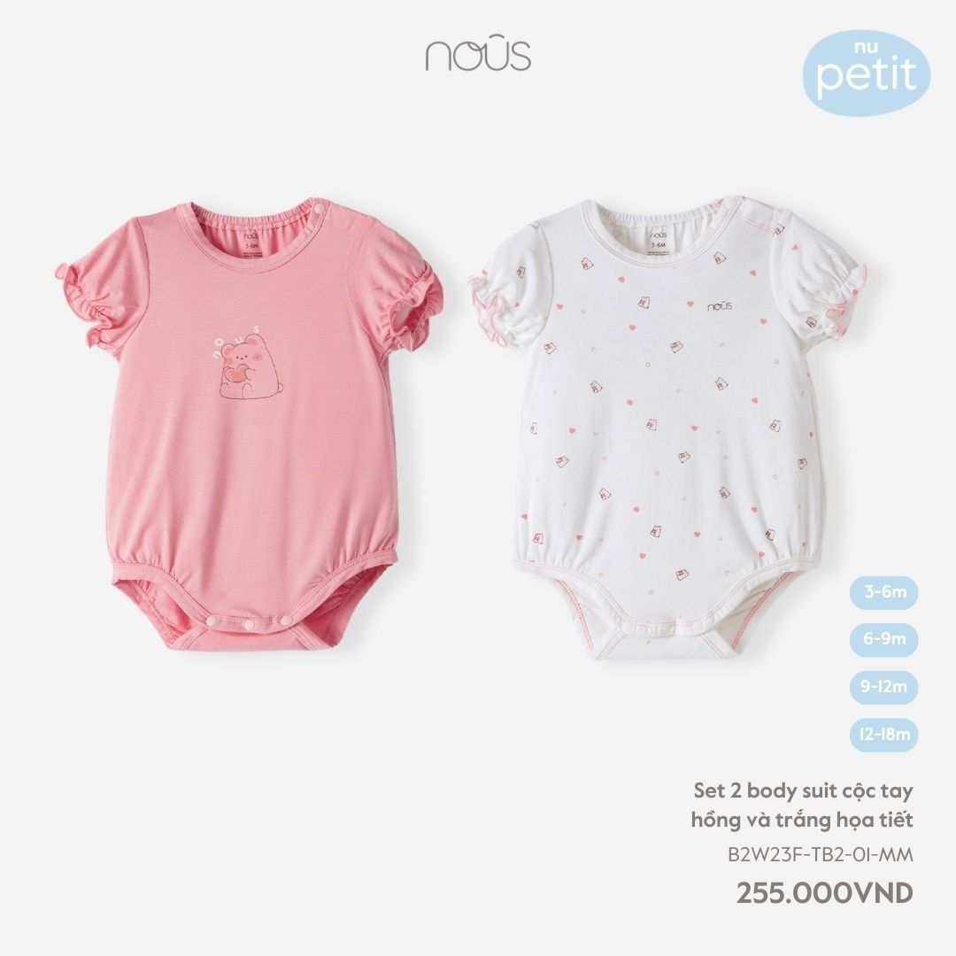  Set 2 bodysuit cộc tay hồng và trắng HỌA TIẾT 