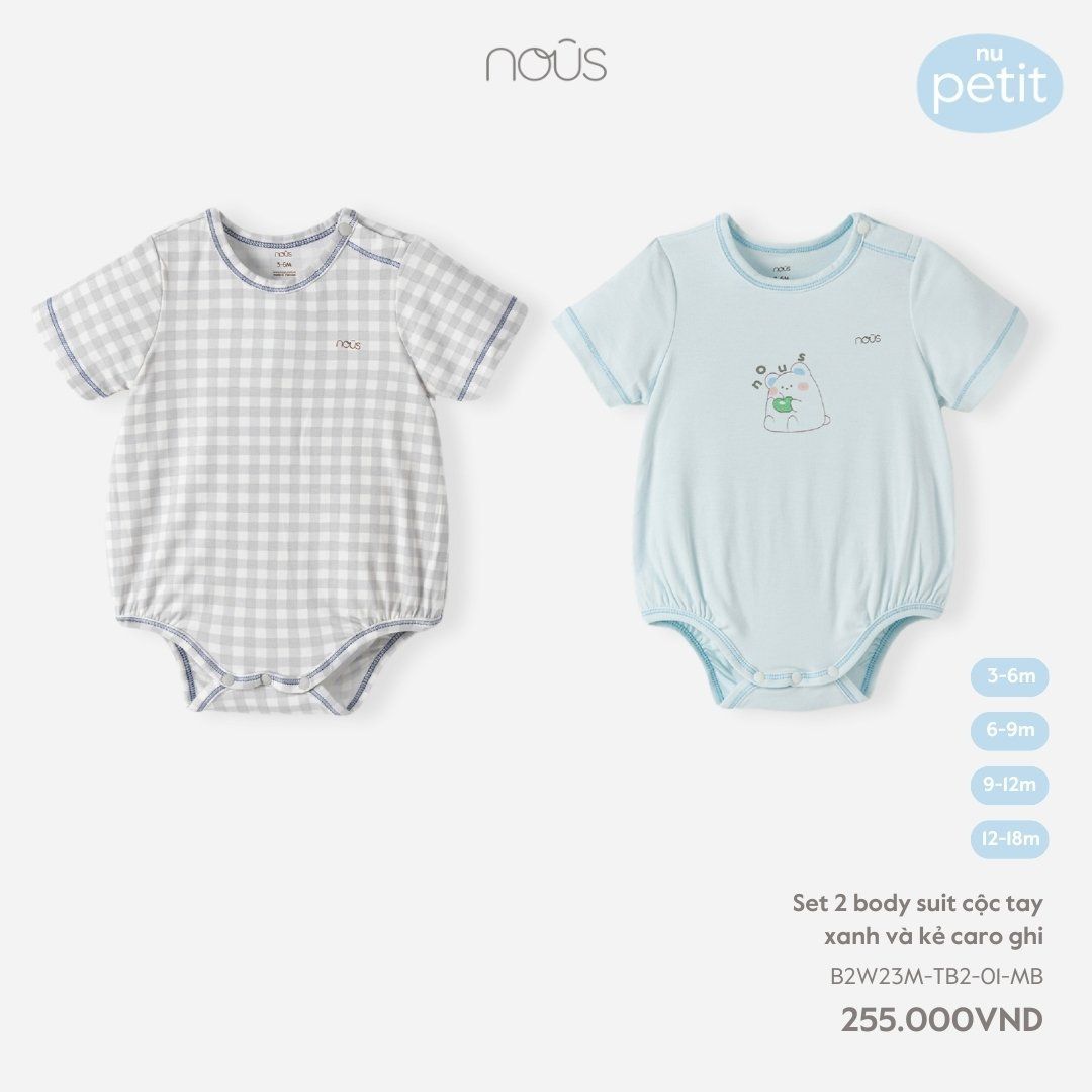  Set 2 bodysuit cộc tay xanh và kẻ caro ghi 