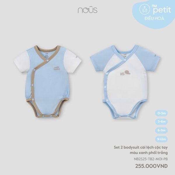  Set 2 bodysuit cài lệch cộc tay màu xanh phối trắng 