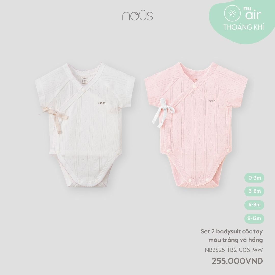  Set 2 bodysuit cộc tay màu trắng và hồng 