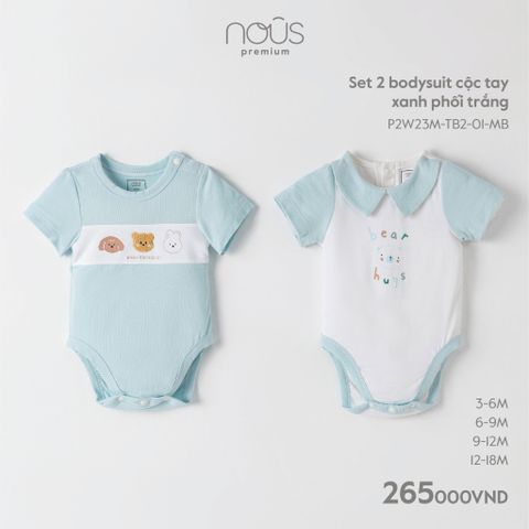  Set 2 bodysuit cộc tay xanh phối trắng 