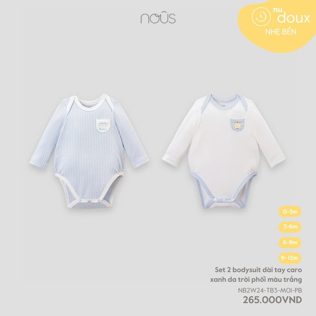  Set 2 bodysuit dài tay caro xanh da trời phối màu trắng 