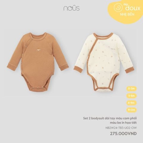  Set 2 bodysuit dài tay màu cam phối màu be in họa tiết 
