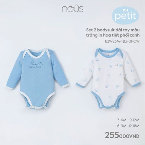  Set 2 bodysuit dài tay màu trắng in họa tiết phối xanh 