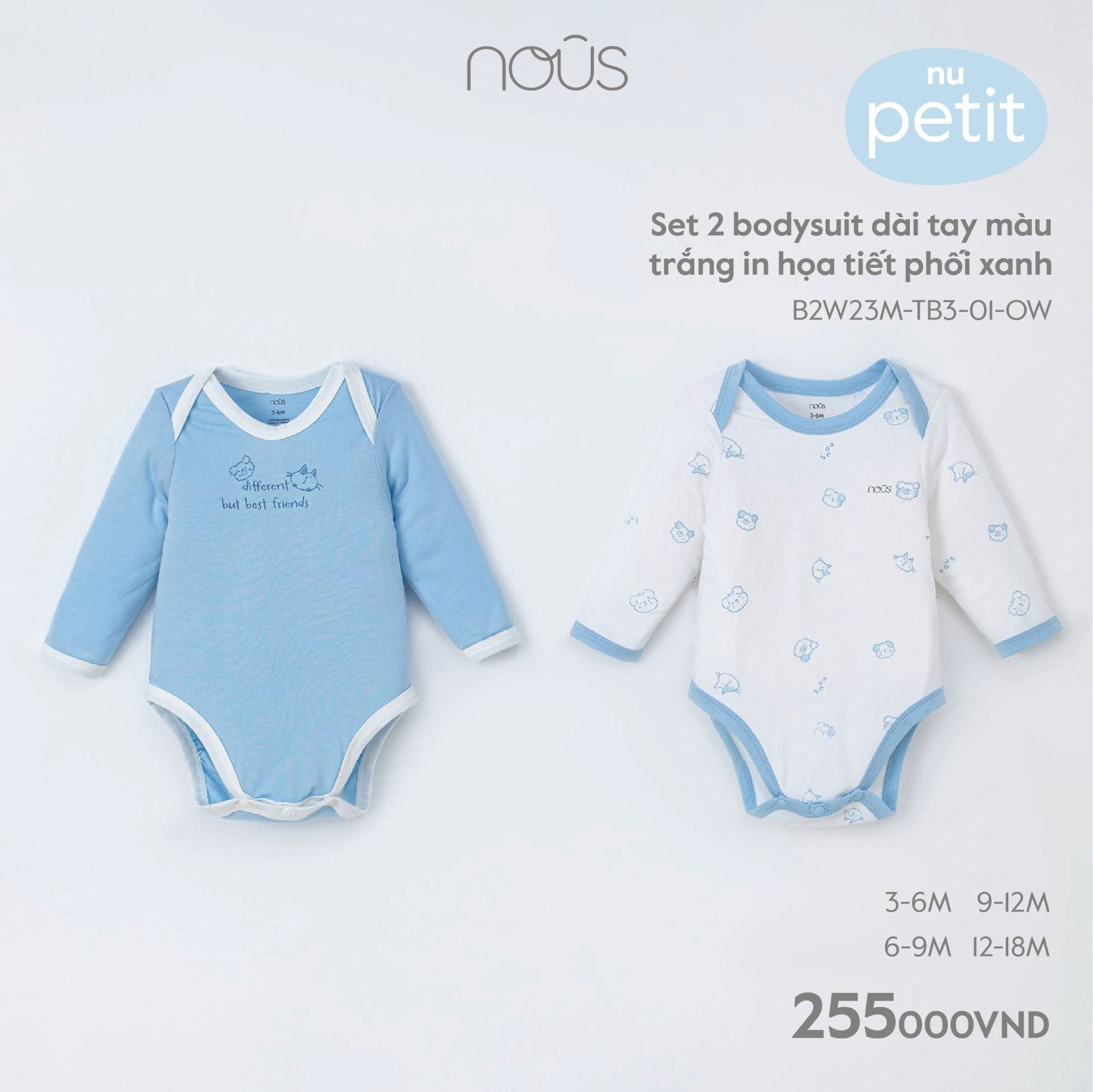  Set 2 bodysuit dài tay màu trắng in họa tiết phối xanh 