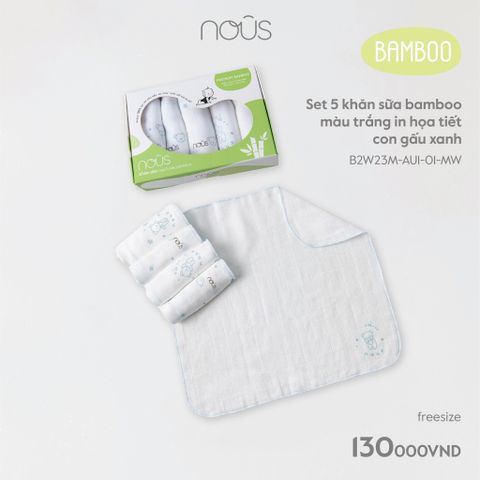 Set 5 khăn sữa bamboo màu trắng in họa tiết con gấu xanh 
