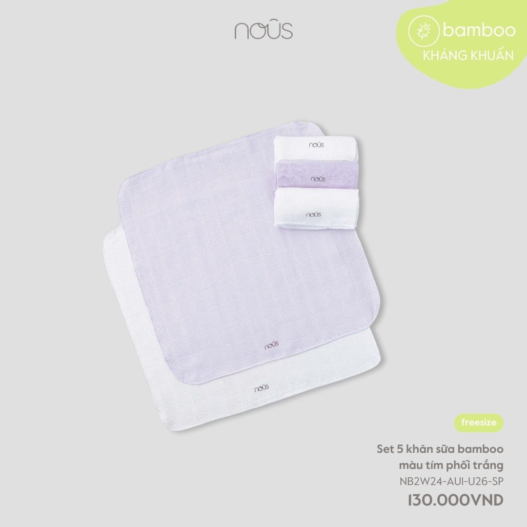  Set 5 khăn sữa bamboo màu tím phối trắng 