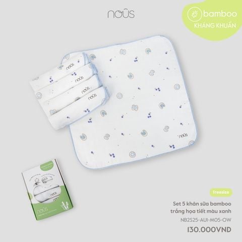  Set 5 khăn sữa bamboo trắng họa tiết màu xanh 