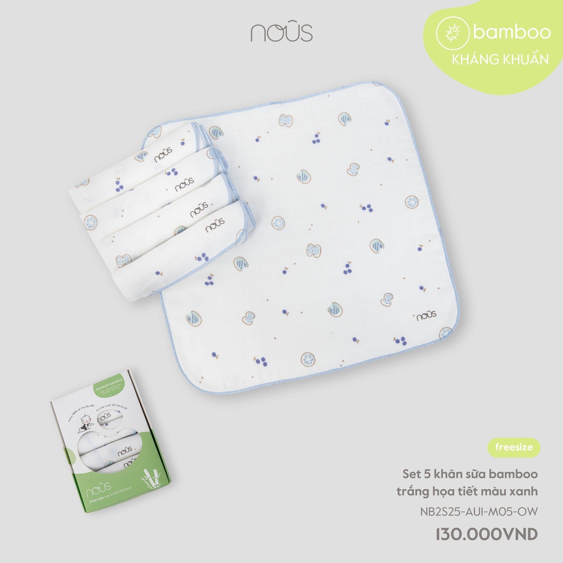  Set 5 khăn sữa bamboo trắng họa tiết màu xanh 
