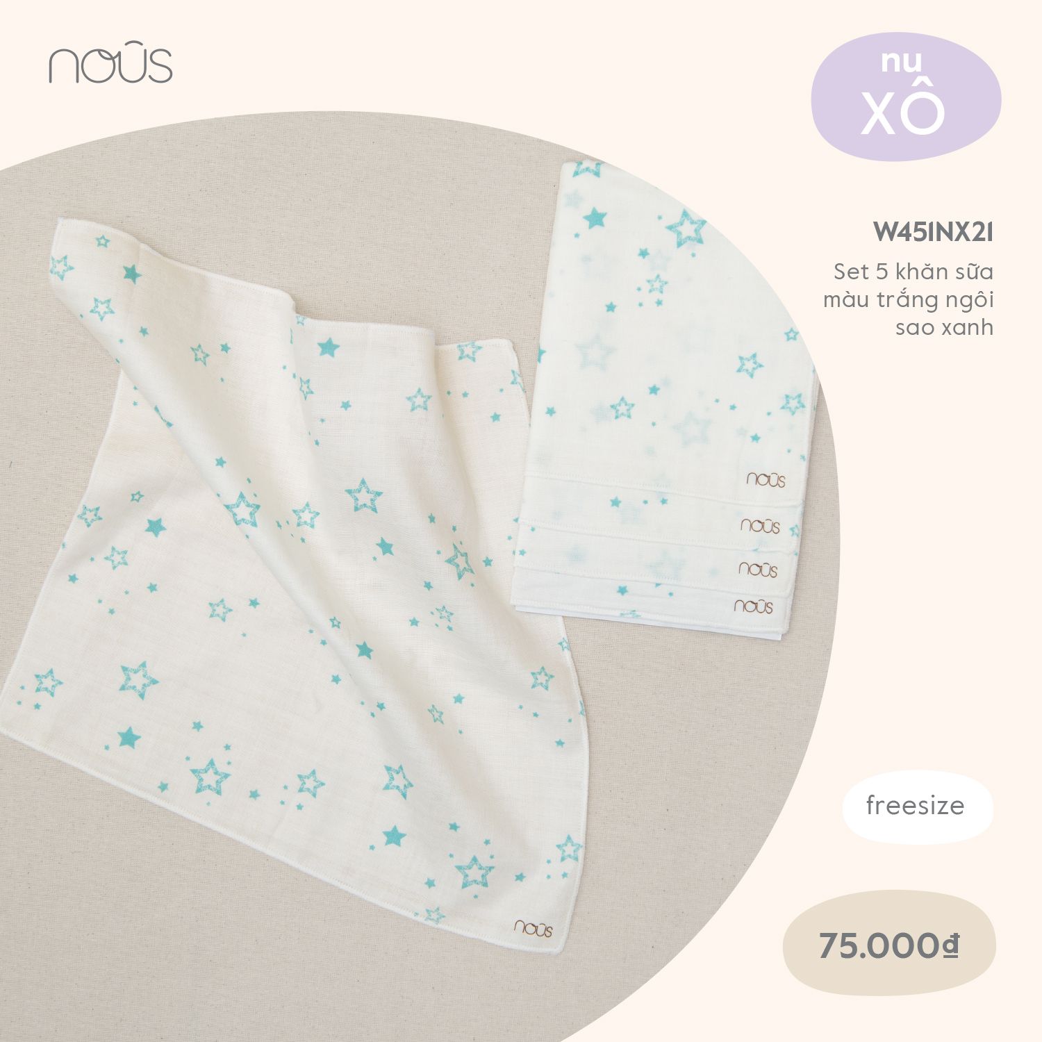  Set 5 khăn sữa màu trắng ngôi sao xanh 