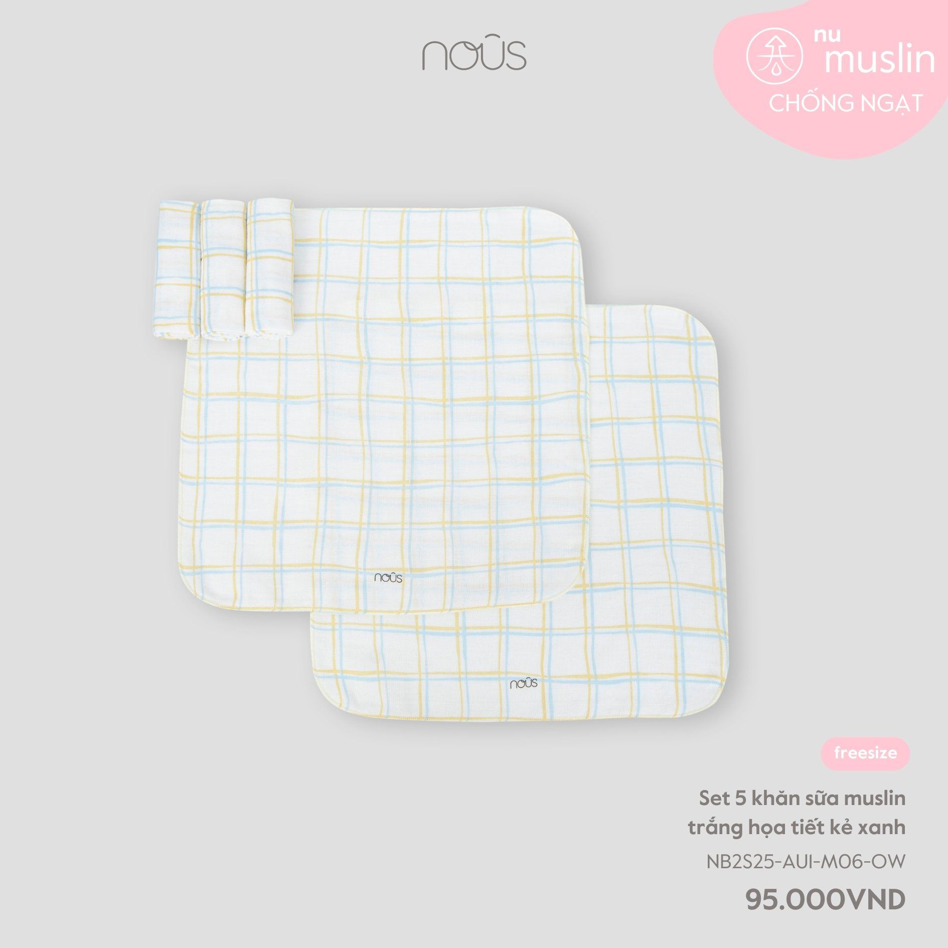  Set 5 khăn sữa muslin trắng họa tiết kẻ xanh 