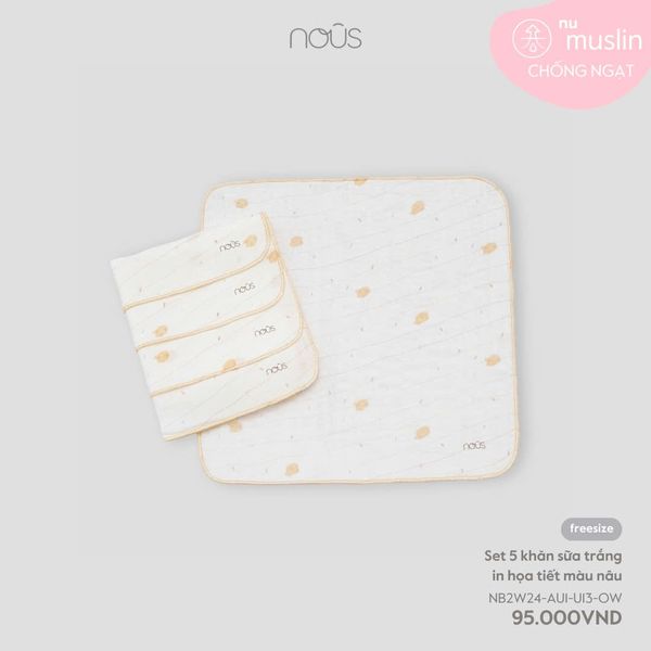  Set 5 khăn sữa trắng in họa tiết màu nâu 