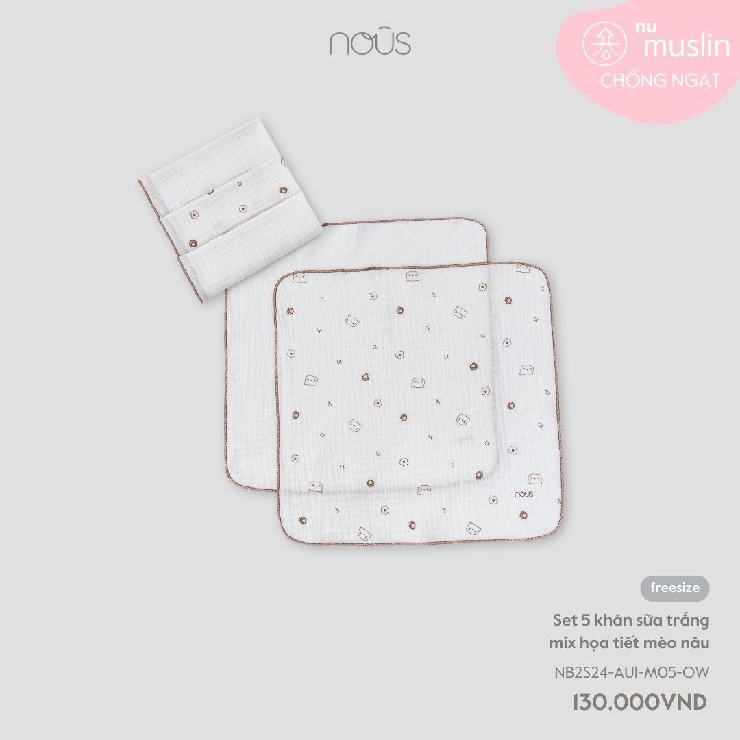  Set 5 khăn sữa trắng mix họa tiết mèo nâu 