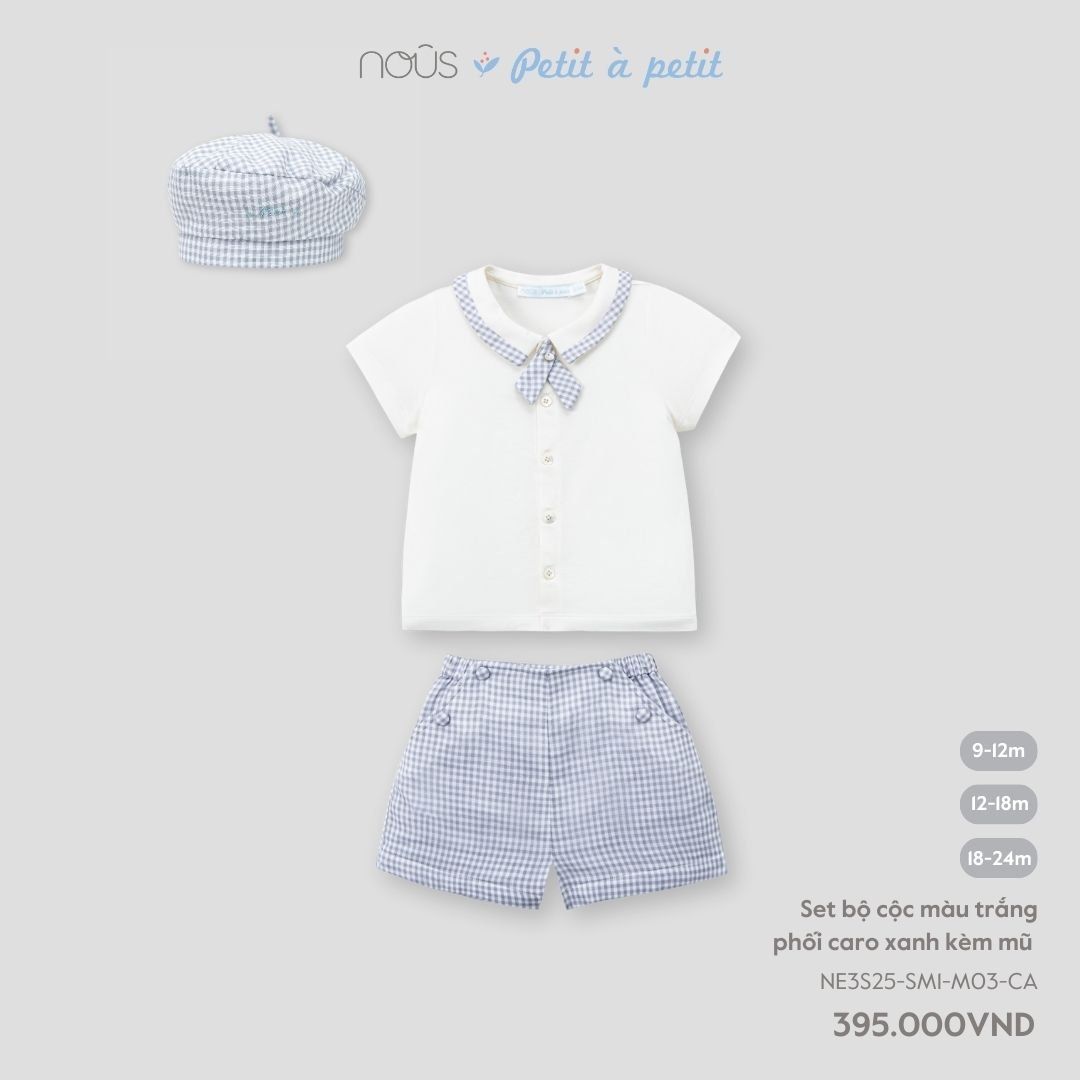  Set bộ cộc màu trắng phối caro xanh kèm mũ 