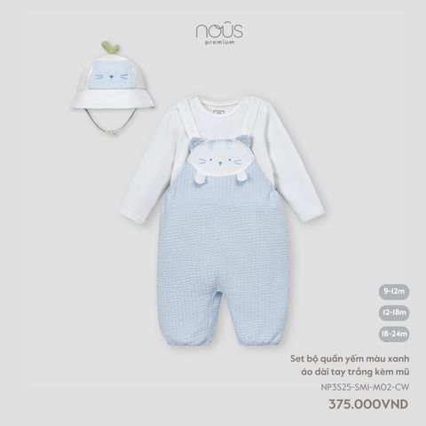  Set bộ quần yếm màu xanh áo dài tay trắng kèm mũ 