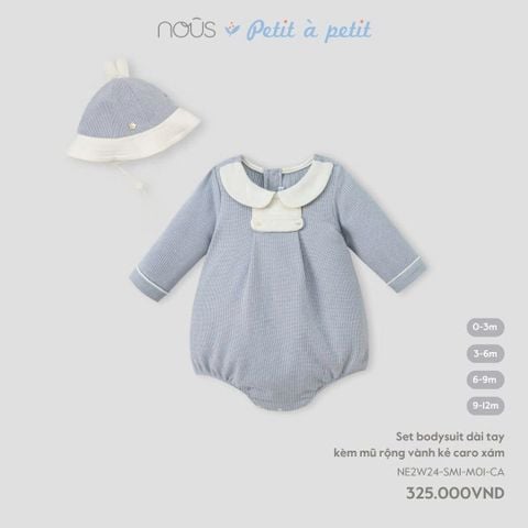  Set bodysuit dài tay kèm mũ rộng vành kẻ caro xám 