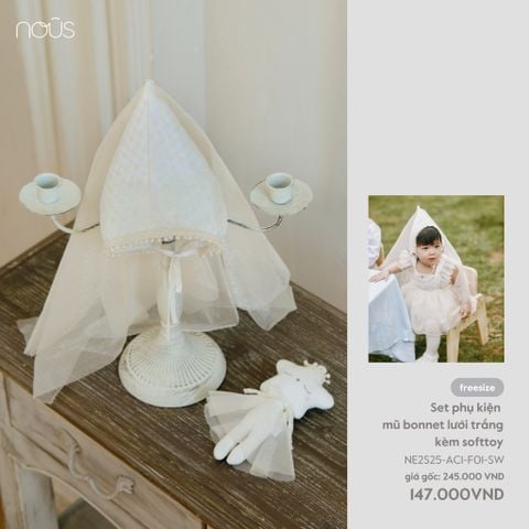  Set phụ kiện mũ bonnet lưới trắng kèm softtoy 
