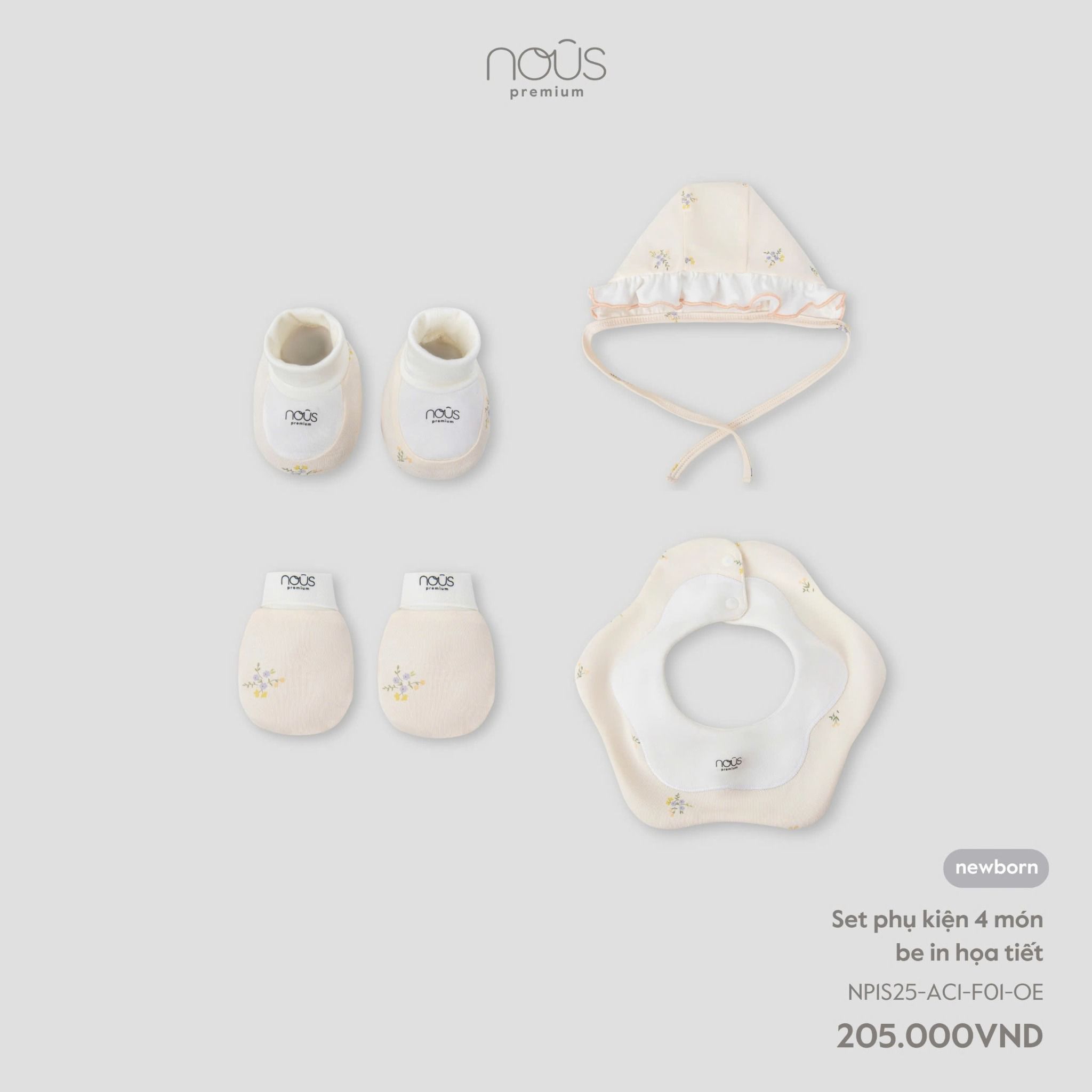  Set phụ kiện 4 món be in họa tiết NB 