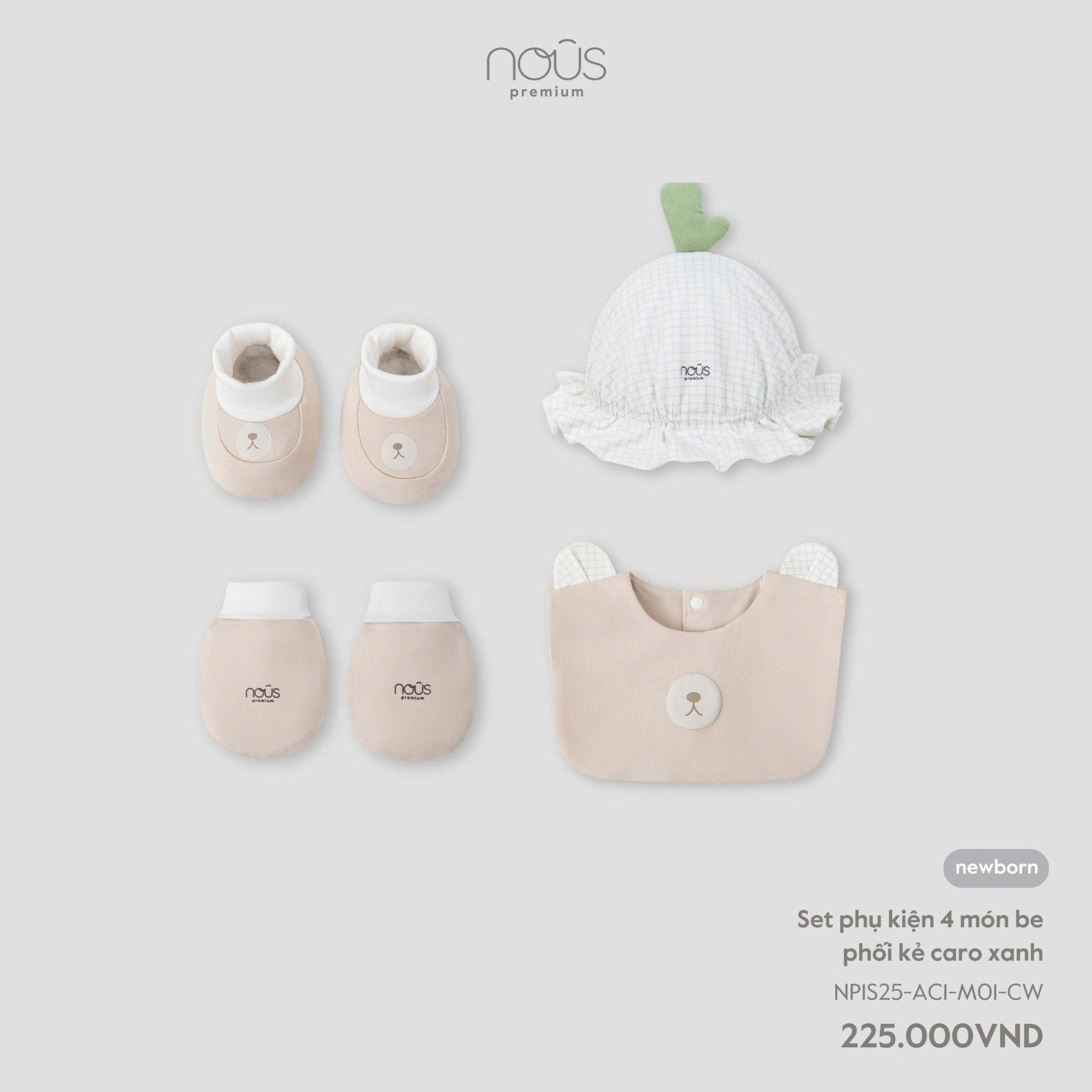  Set phụ kiện 4 món be phối kẻ caro xanh 