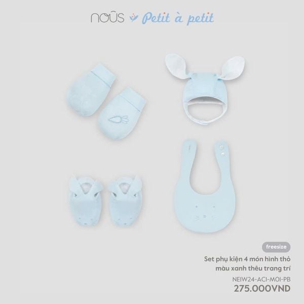  Set phụ kiện 4 món hình thỏ màu xanh thêu trang trí 