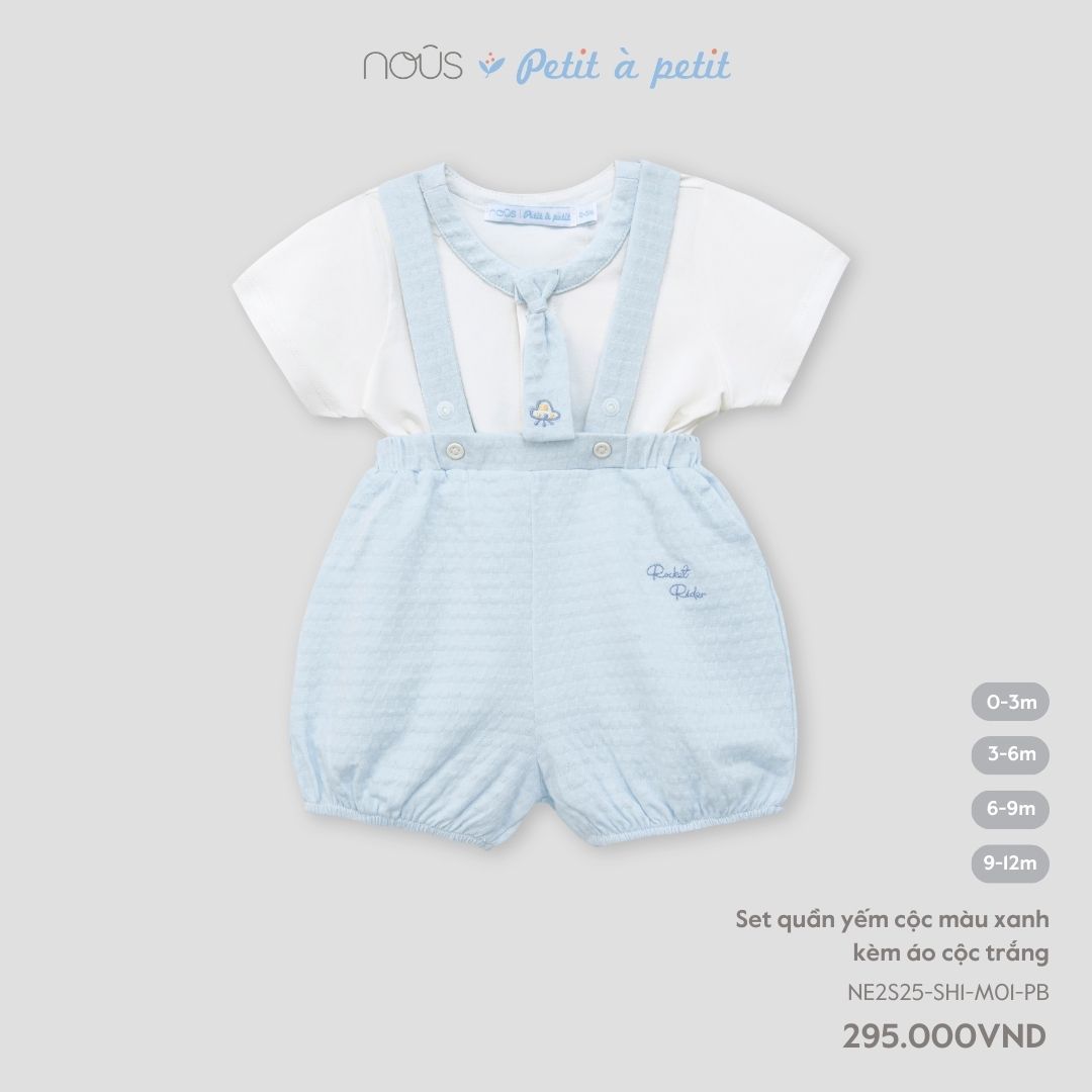  Set quần yếm cộc màu xanh kèm áo cộc trắng 