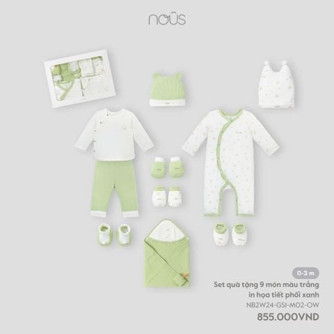  Set quà tặng 9 món màu trắng in họa tiết phối xanh 