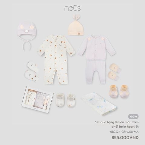  Set quà tặng 9 món màu xám phối be in họa tiết 