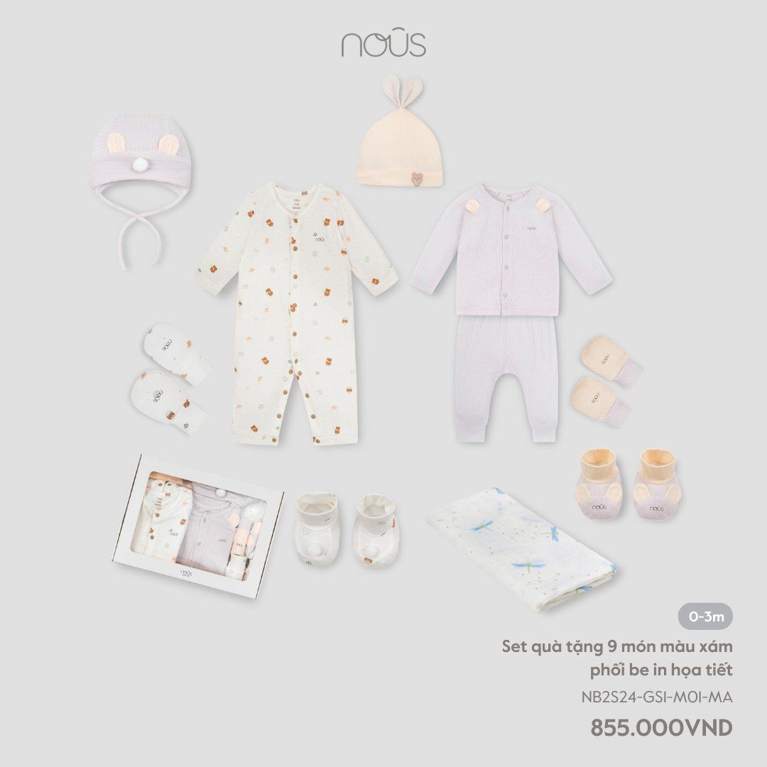  Set quà tặng 9 món màu xám phối be in họa tiết 
