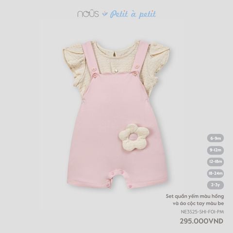  Set quần yếm màu hồng và áo cộc tay màu be 
