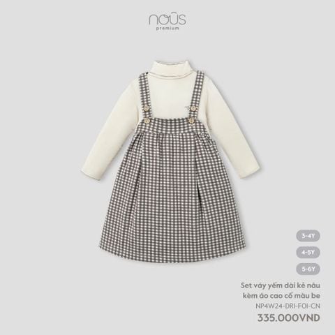 Set váy yếm dài kẻ nâu kèm áo cao cổ màu be 