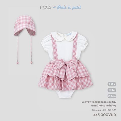  Set váy yếm kèm áo cộc tay và mũ kẻ ca rô hồng 