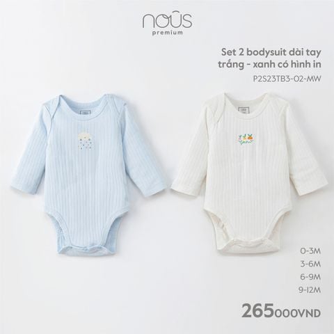  Set 2 bodysuit dài tay trắng - xanh có hình in 