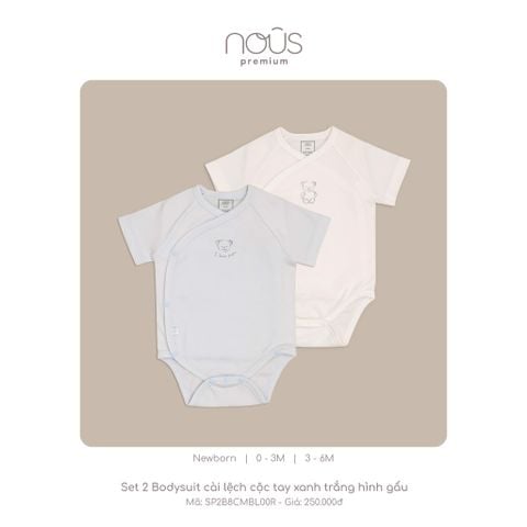  Set 2 Bodysuit cài lệch cộc tay xanh trắng hình gấu 