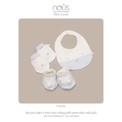  Set pk 3 món màu trắng phối xanh thêu mặt gấu FS 