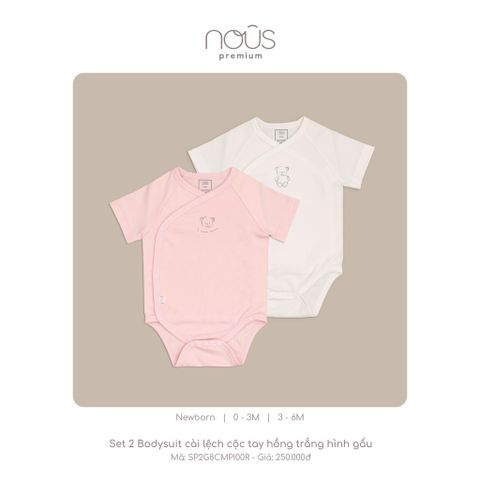  Set 2 Bodysuit cài lệch cộc tay hồng trắng hình gấu 
