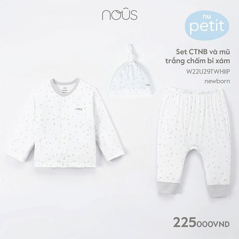  Set CTNB và mũ trắng chấm bi xám NB 