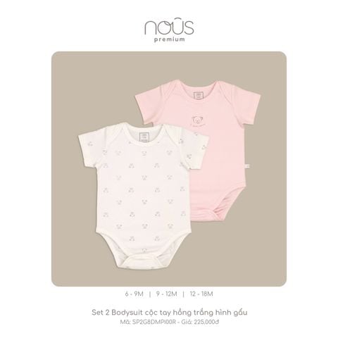  Set 2 Bodysuit cộc tay hồng trắng hình gấu 