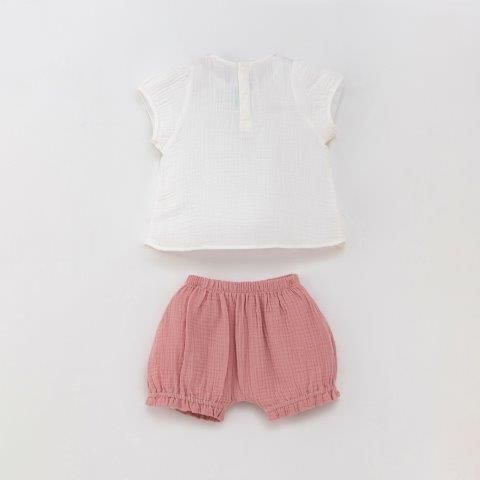  Bộ áo trắng tay bồng quần bomber màu hồng 