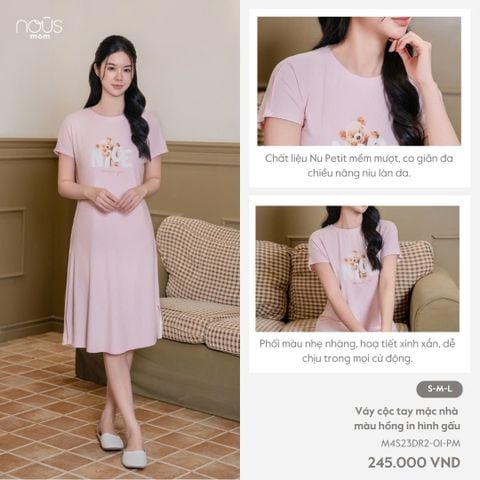  Váy cộc tay mặc nhà màu hồng in hình gấu 