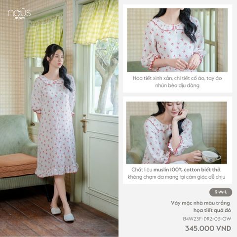  Váy mặc nhà màu trắng họa tiết quả đỏ 