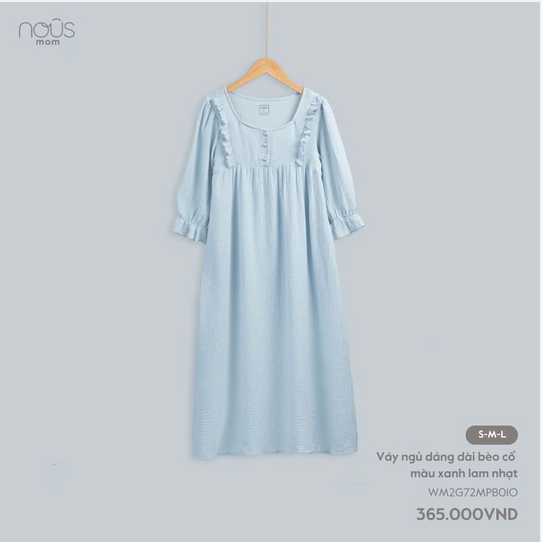  Váy ngủ dáng dài bèo cổ màu xanh lam nhạt 