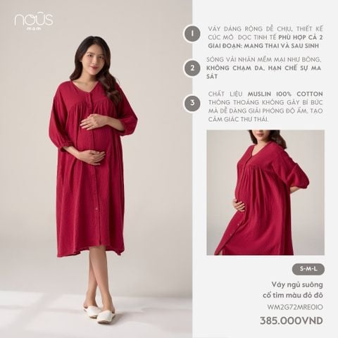  Váy ngủ suông cổ tim màu đỏ đô 