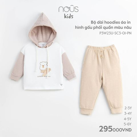  Bộ dài hoodies áo in hình gấu phối quần màu nâu 